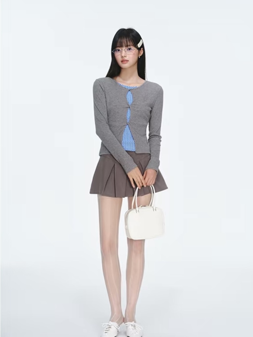 Gray Knit Cardigan with Blue Gingham Accent